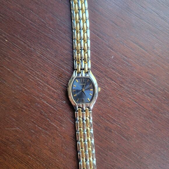 Vintage Watches Pulsar Two Tone Bracelet Black Dial Gold Marker Quartz Watch - Picture 1 of 10